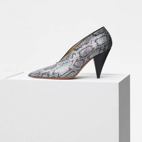 Celine soft v-neck silver snake cone heels - Picture 1 of 9